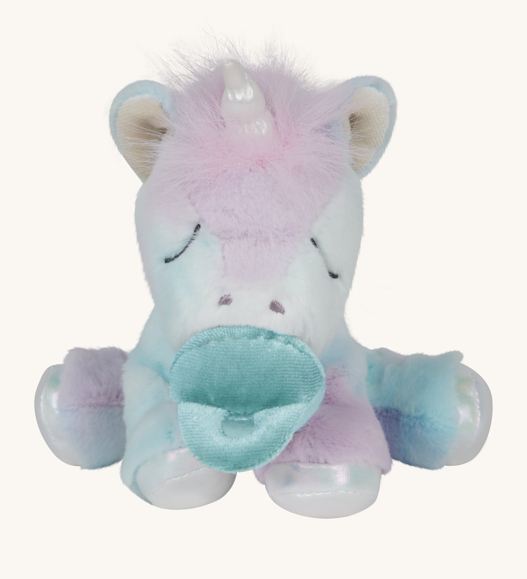 The Olli Ella binky baby unicorn dinkum available at Babipur. A soft and cuddly doll in light pastel colours. Features a white  unicorn horn with a blue magnetic pacifier