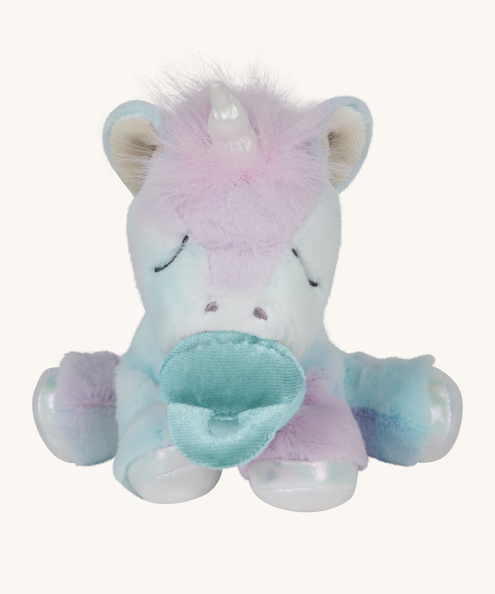 The Olli Ella binky baby unicorn dinkum available at Babipur. A soft and cuddly doll in light pastel colours. Features a white  unicorn horn with a blue magnetic pacifier