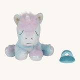 The Olli Ella baby binky unicorn dinkum. A soft and cuddly unicorn in light pastel colours. Features a white unicorn horn with a blue magnetic pacifier next to the leg