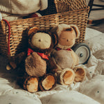 Olli Ella Cozy Dinkum Dolls Teddy Twiggy and Teddy Crumble together , sat in front of an Olli Ella Strolley Pram with a child sat inside.