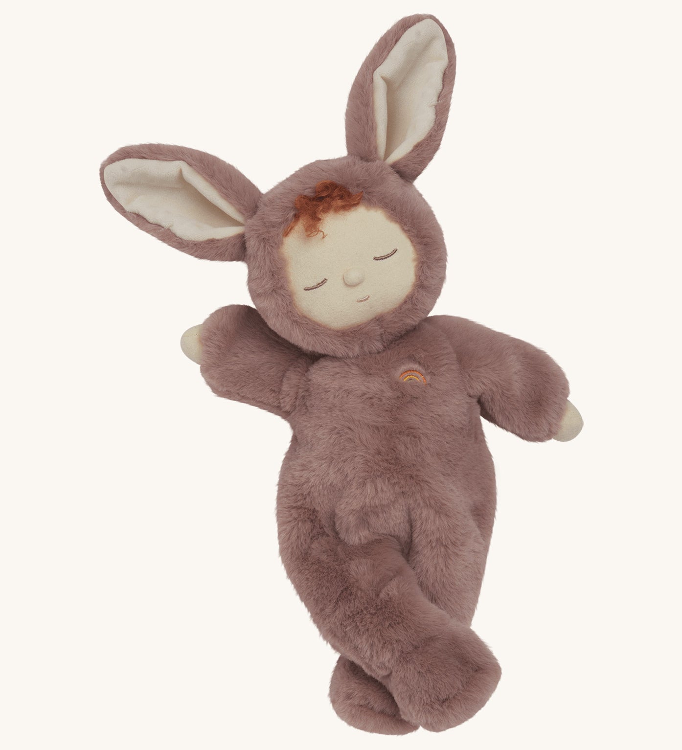Olli Ella cozy dinkum bunny pickle doll in mauve colour, available at Babipur. This is a soft and fluffy doll with a sleeping face and cute floppy ears