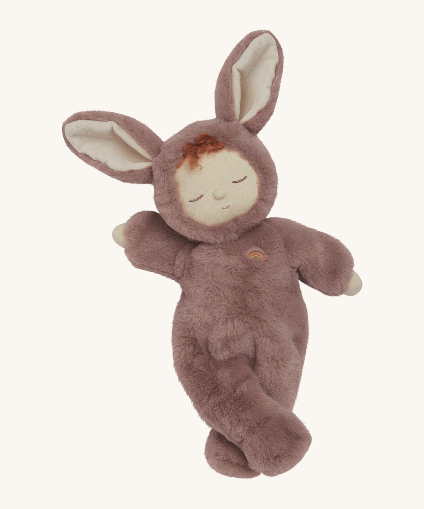 Olli Ella cozy dinkum bunny pickle doll in mauve colour, available at Babipur. This is a soft and fluffy doll with a sleeping face and cute floppy ears