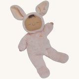 Olli Ella cozy dinkum bunny pip doll in pink colour posing. This is a soft and fluffy doll with a sleeping face, cute floppy ears and available at Babipur.