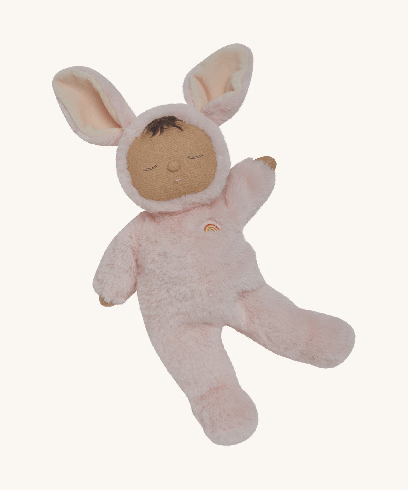 Olli Ella cozy dinkum bunny pip doll in pink colour posing. This is a soft and fluffy doll with a sleeping face, cute floppy ears and available at Babipur.