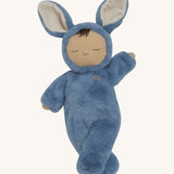 Olli Ella cozy dinkum bunny twiggy doll in blue colour posing. This is a soft and fluffy doll with a sleeping face, cute floppy ears and available at Babipur.