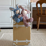 Olli Ella cozy dinkum bunny pickle and twiggy doll sitting on top of a Olli Ella suitcase. These fluffy toy dolls are available at Babipur