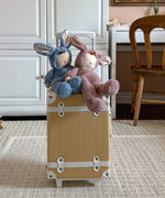 Olli Ella cozy dinkum bunny pickle and twiggy doll sitting on top of a Olli Ella suitcase. These fluffy toy dolls are available at Babipur
