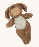 A posing Olli Ella cozy dinkum dog Digby doll available at Babipur. This cosy and fluffy toy doll has a sleeping face and cute floppy ears