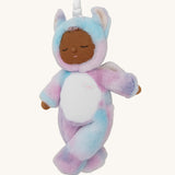 A posing Olli Ella stardust cozy unicorn dinkum doll. Showing the cute embroidery facial features 