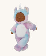 A posing Olli Ella stardust cozy unicorn dinkum doll. Showing the cute embroidery facial features 