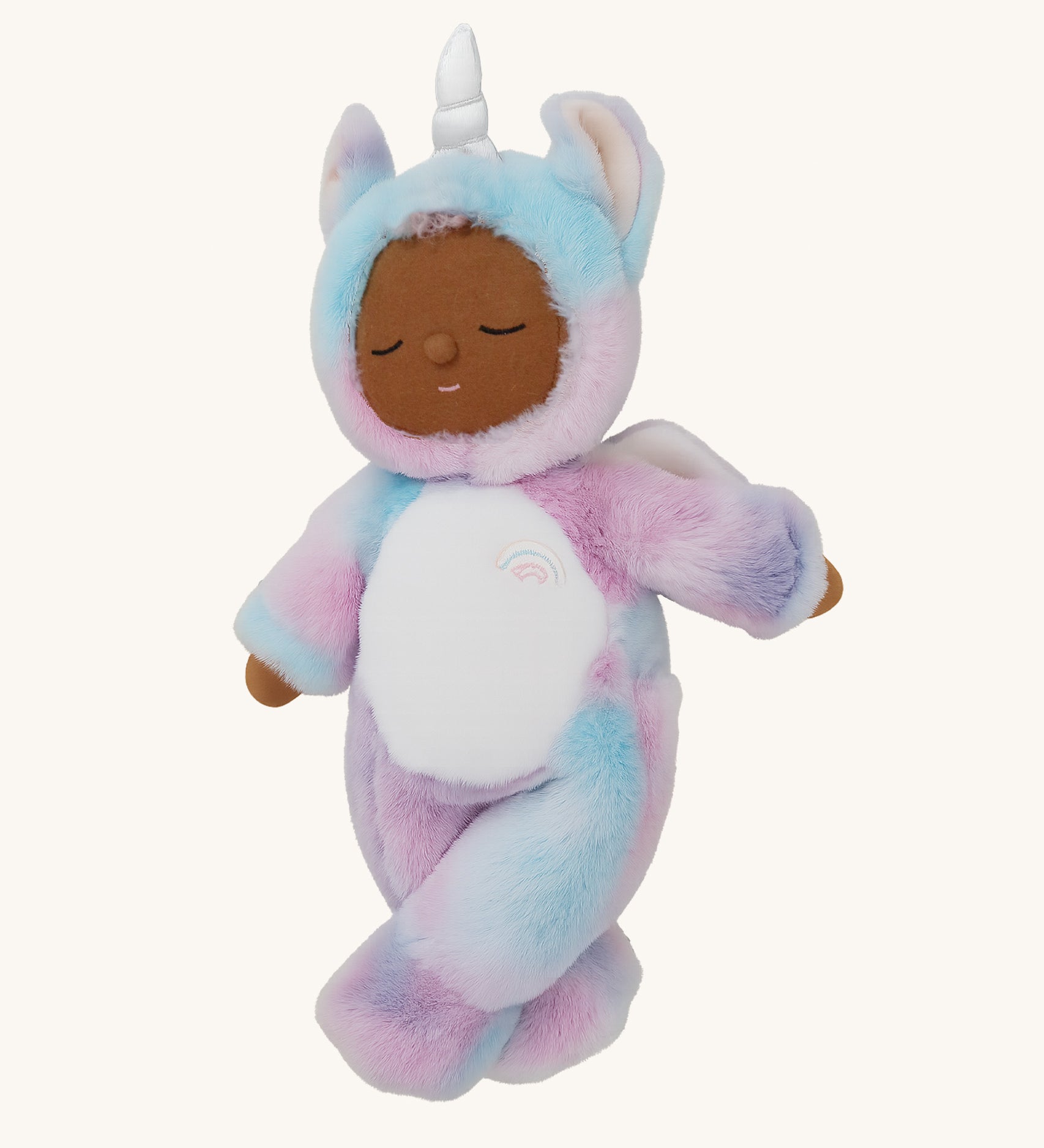 A posing Olli Ella stardust cozy unicorn dinkum doll. Showing the cute embroidery facial features 