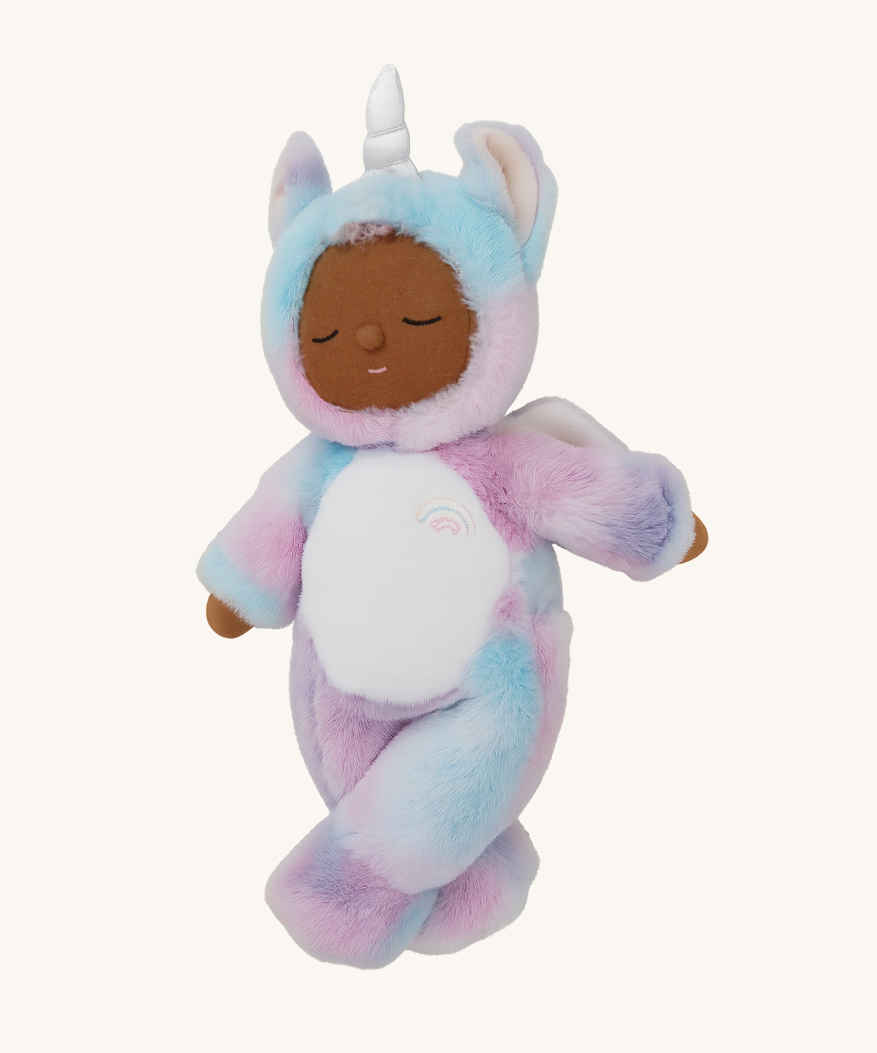 A posing Olli Ella stardust cozy unicorn dinkum doll. Showing the cute embroidery facial features 
