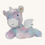 A posing  Olli Ella dazzle unicorn dinkum. A soft and cuddly doll in light pastel colours. Features white pegasus wings and a unicorn horn