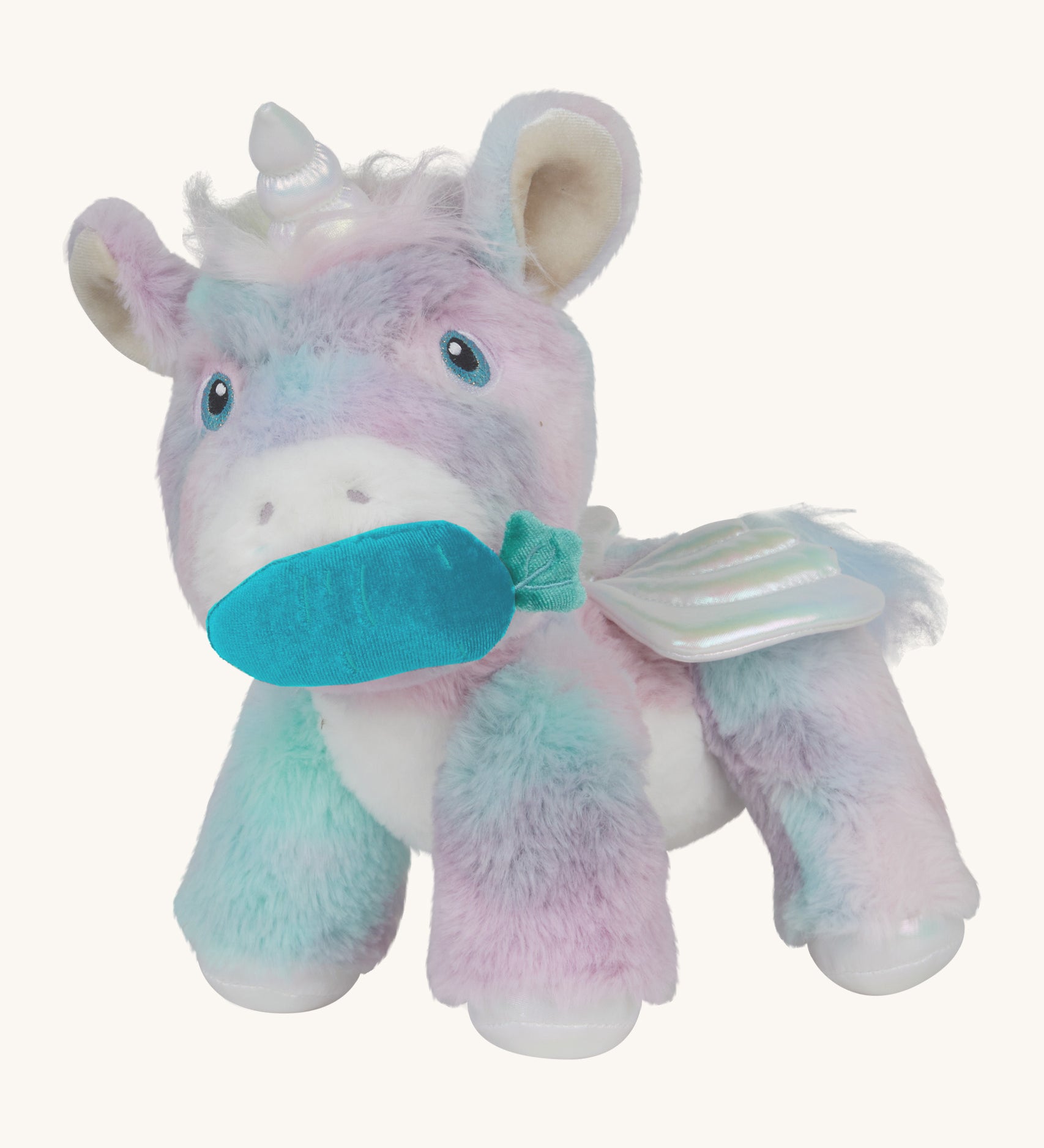 The Olli Ella dazzle unicorn dinkum available at Babipur. A soft and cuddly doll in light pastel colours. Features white pegasus wings and a unicorn horn with a blue magnetic carrot