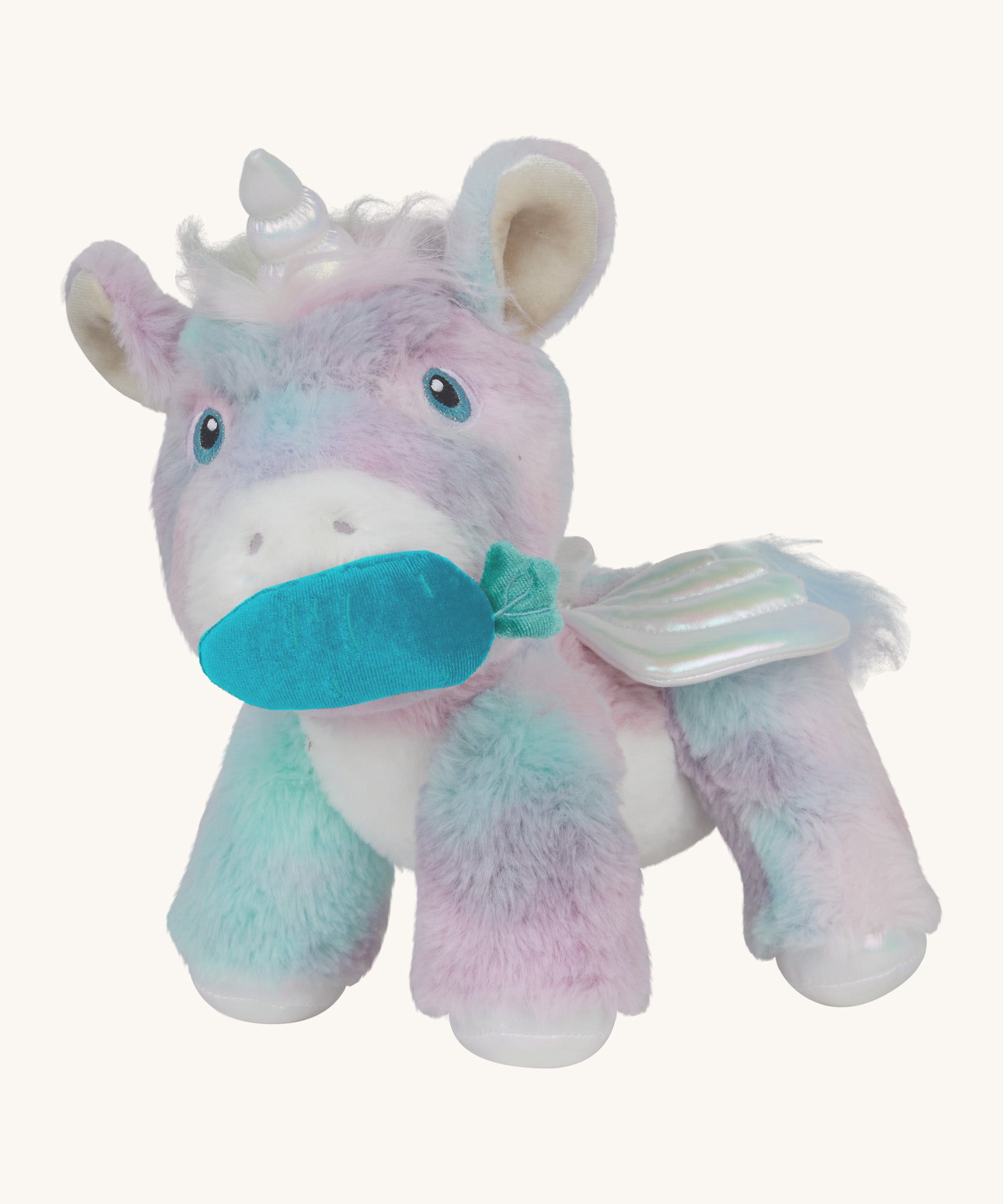 The Olli Ella dazzle unicorn dinkum available at Babipur. A soft and cuddly doll in light pastel colours. Features white pegasus wings and a unicorn horn with a blue magnetic carrot