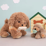 Goldie the Olli Ella dinkum dog with a magnetic bon in its mouth standing next to Benny the Olli Ella dinkum puppy