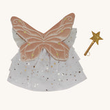 Olli Ella dinkum doll fairy outfit set in pearl available at Babipur. Features a glittery dress, pink wings with a stitched detail and a golden starry wand