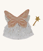 Olli Ella dinkum doll fairy outfit set in pearl available at Babipur. Features a glittery dress, pink wings with a stitched detail and a golden starry wand