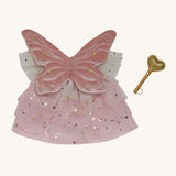 Olli Ella dinkum doll fairy outfit set in pink available at Babipur. Features a glittery dress, pink wings with a stitched detail and a golden starry wand