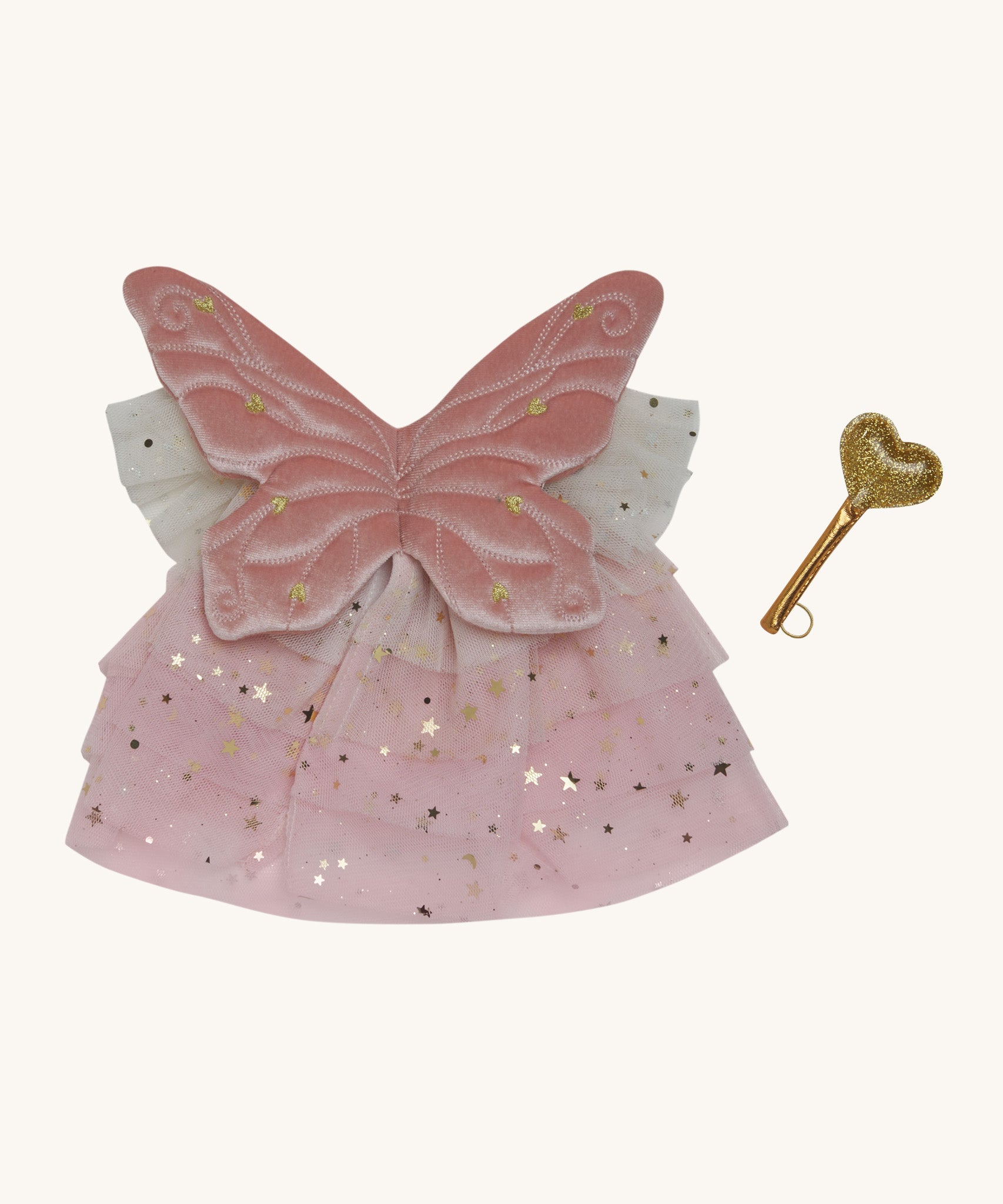 Olli Ella dinkum doll fairy outfit set in pink available at Babipur. Features a glittery dress, pink wings with a stitched detail and a golden starry wand