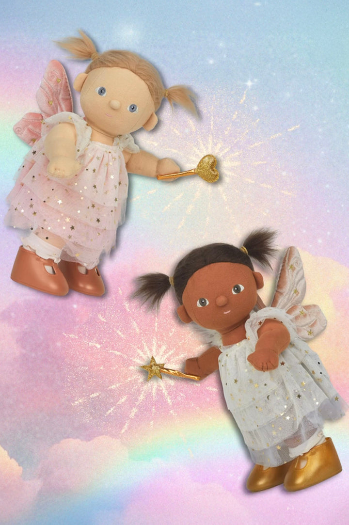 Olli Ella Dream Dinkums Freya and Willow Fairies, toy baby dolls dressed in ruffled dress, velour wings, sparkly shoes and a wand, to represent Olli Ella Dinkum Dolls and Accessories at Babipur.