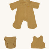 Olli Ella Dinkum Doll pointelle pyjama set in honey colour, available at Babipur. This set includes a onesie, a vest and underwear. This set can be used on a Olli Ella dinkum doll.