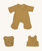 Olli Ella Dinkum Doll pointelle pyjama set in honey colour, available at Babipur. This set includes a onesie, a vest and underwear. This set can be used on a Olli Ella dinkum doll.
