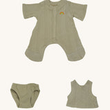 Olli Ella Dinkum Doll pointelle pyjama set in sage colour, available at Babipur. This set includes a onesie, a vest and underwear. This set can be used on a Olli Ella dinkum doll.