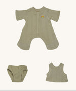 Olli Ella Dinkum Doll pointelle pyjama set in sage colour, available at Babipur. This set includes a onesie, a vest and underwear. This set can be used on a Olli Ella dinkum doll.