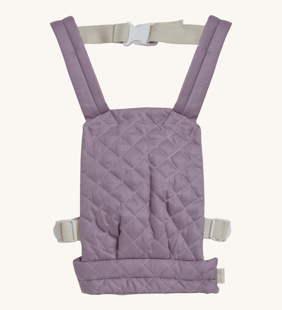Olli Ella quilted toy carrier in lavender available at Babipur. This dark purple toy carrier features a buckle on the back and side for a secured fit and can carry a Olli Ella diknum doll