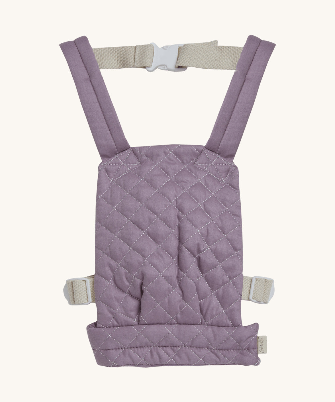Olli Ella quilted toy carrier in lavender available at Babipur. This dark purple toy carrier features a buckle on the back and side for a secured fit and can carry a Olli Ella diknum doll
