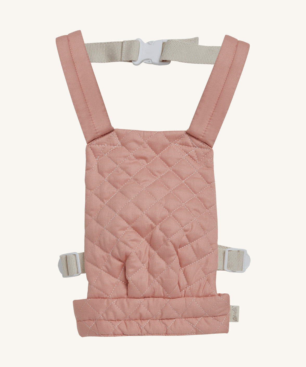 Olli Ella quilted toy carrier in rose available at Babipur. This toy carrier features a buckle on the back and side for a secured fit and can carry a Olli Ella diknum doll