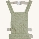 Olli Ella quilted toy carrier in sage available at Babipur. This pastel green toy carrier features a buckle on the back and side for a secured fit and can carry a Olli Ella diknum doll