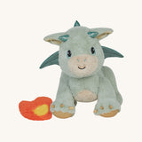 A light green Olli Ella dinkum dragon blaze doll available at Babipur with the fluffy magnetic fire piece attached to the front paw. 
