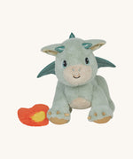 A light green Olli Ella dinkum dragon blaze doll available at Babipur with the fluffy magnetic fire piece attached to the front paw. 