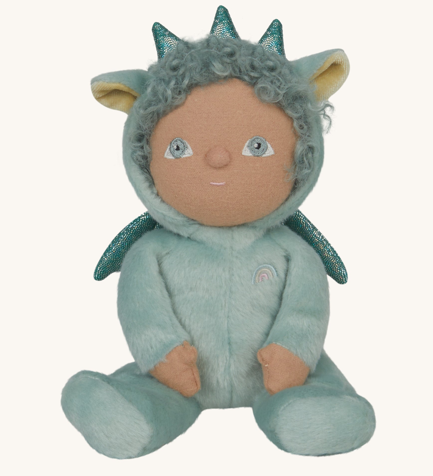 Olli Ella Dante the dragon dinky dinkum doll available at Babipur. A pale green dinky dinkum doll with a cute playful face and sparkling green dragon features