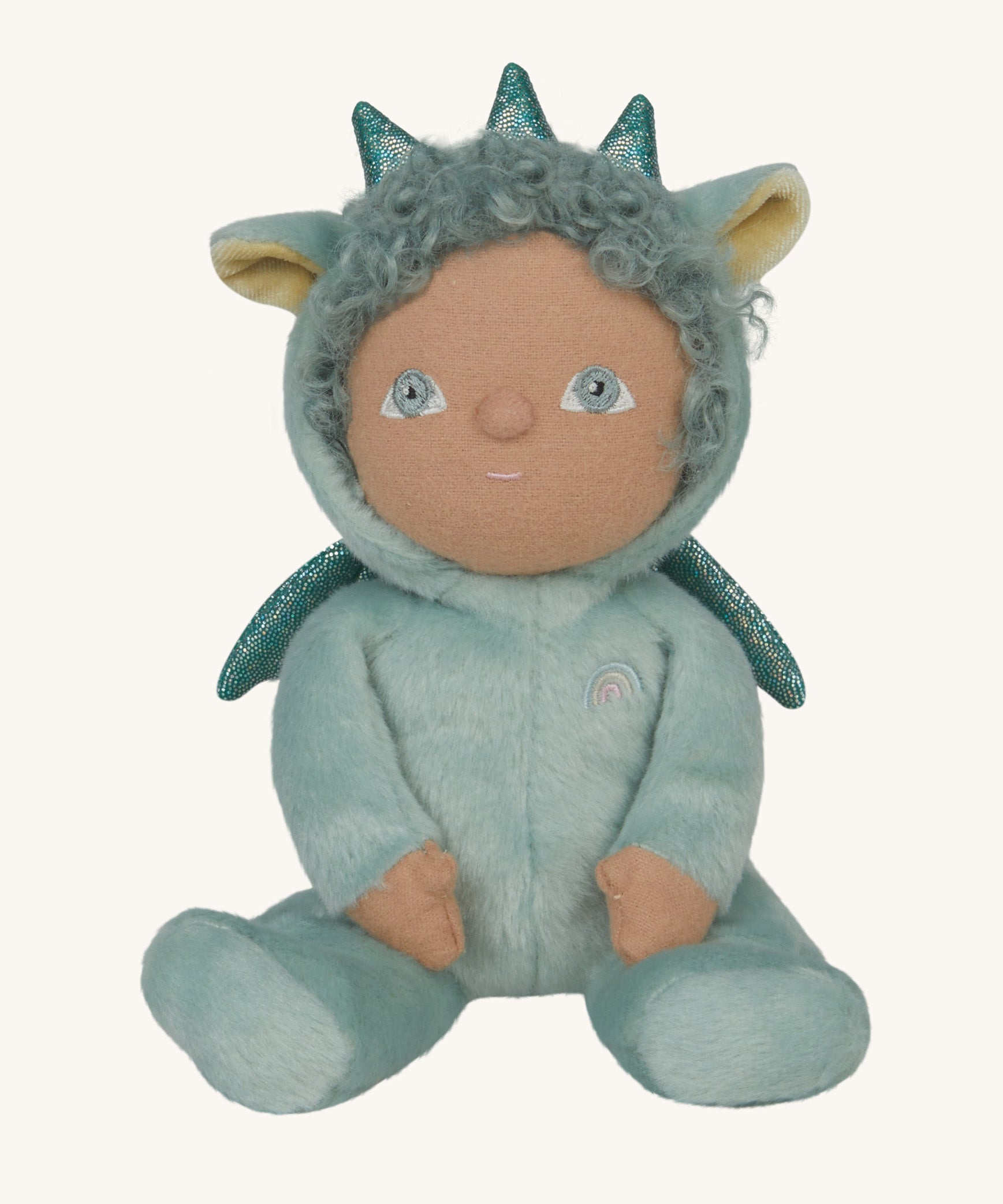 Olli Ella Dante the dragon dinky dinkum doll available at Babipur. A pale green dinky dinkum doll with a cute playful face and sparkling green dragon features