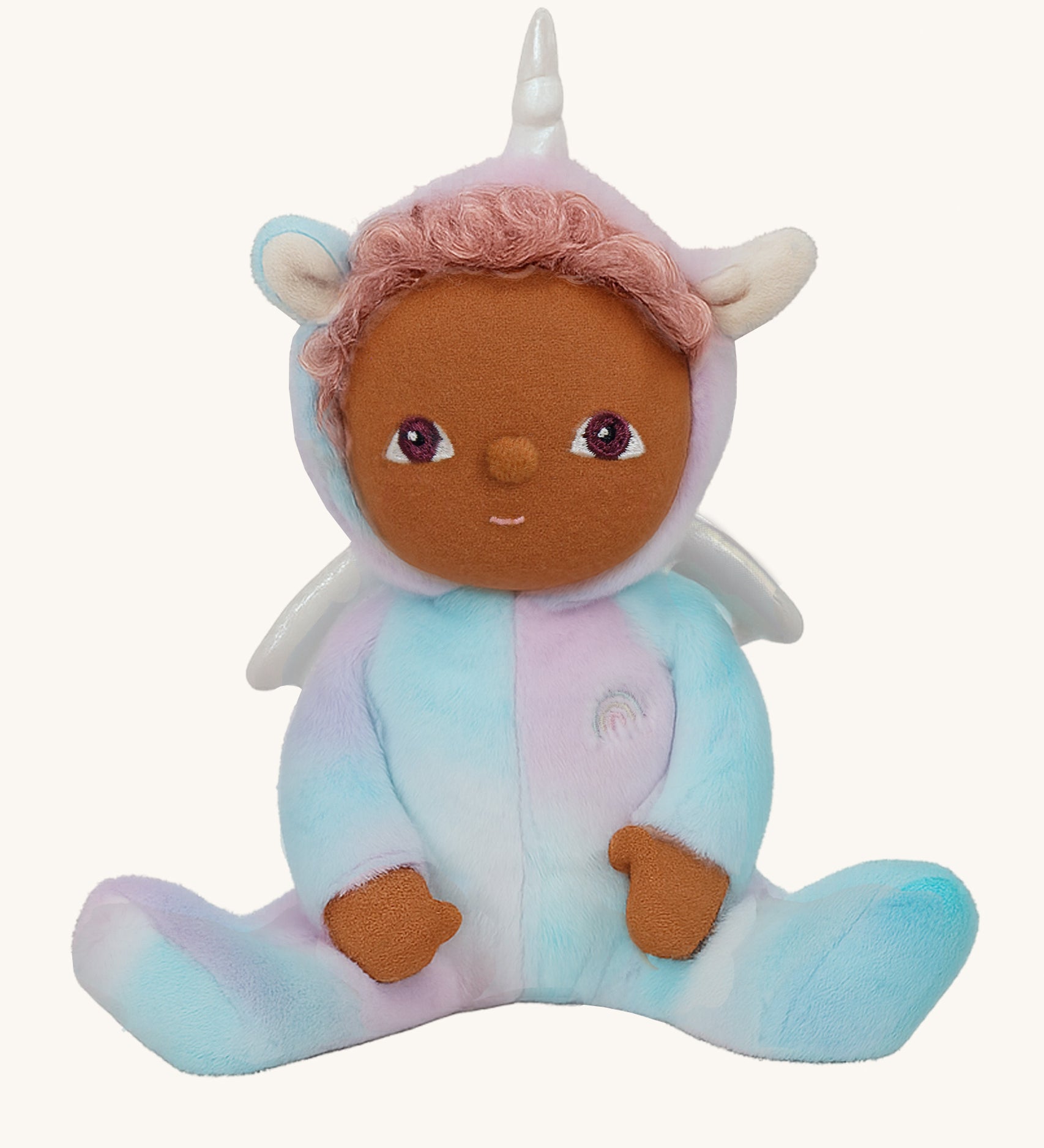 Olli Ella Uli the unicorn dinky dinkum doll available at Babipur. A soft and cuddly plush doll in pastel colours. Features white pegasus wings and a unicorn horn
