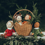 Four of the Olli Ella Jolly Dolly Dinky Dinkum Dolls are sat in and next to the Olli Ella Poinsettia basket in natural colour. Inside is Georgie Gingerbread and Riley Reindeer. Outside the basket is Paige Pudding and Sammy Santa. there are small pine tree branches inside the basket and along the bottom of the image to give a festive and decorative feel.