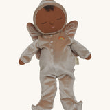 Olli Ella Ada fairy dozy dinkum doll available at Babipur. A soft cuddly doll with a light brown outfit and a sleepy face, Features a stitched button fastener detail and matching brown fairy wings