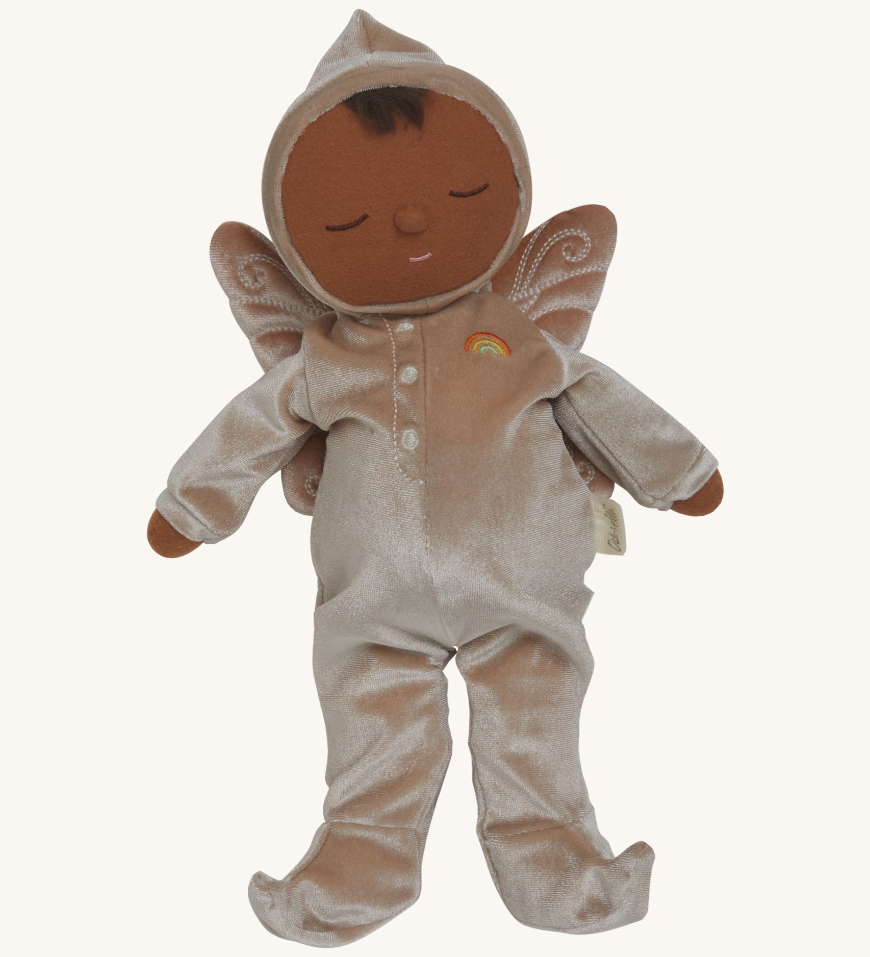 Olli Ella Ada fairy dozy dinkum doll available at Babipur. A soft cuddly doll with a light brown outfit and a sleepy face, Features a stitched button fastener detail and matching brown fairy wings
