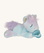 A posing Olli Ella baby binky unicorn dinkum. A soft and cuddly doll in light pastel colours. Features a white unicorn horn, light purple hair and a blue magnetic pacifier that can be put on the mouth