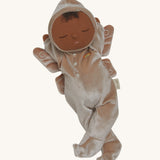 Olli Ella Ada fairy dozy dinkum doll posing and showing brown hooded outfit detail with the wings attached to the back