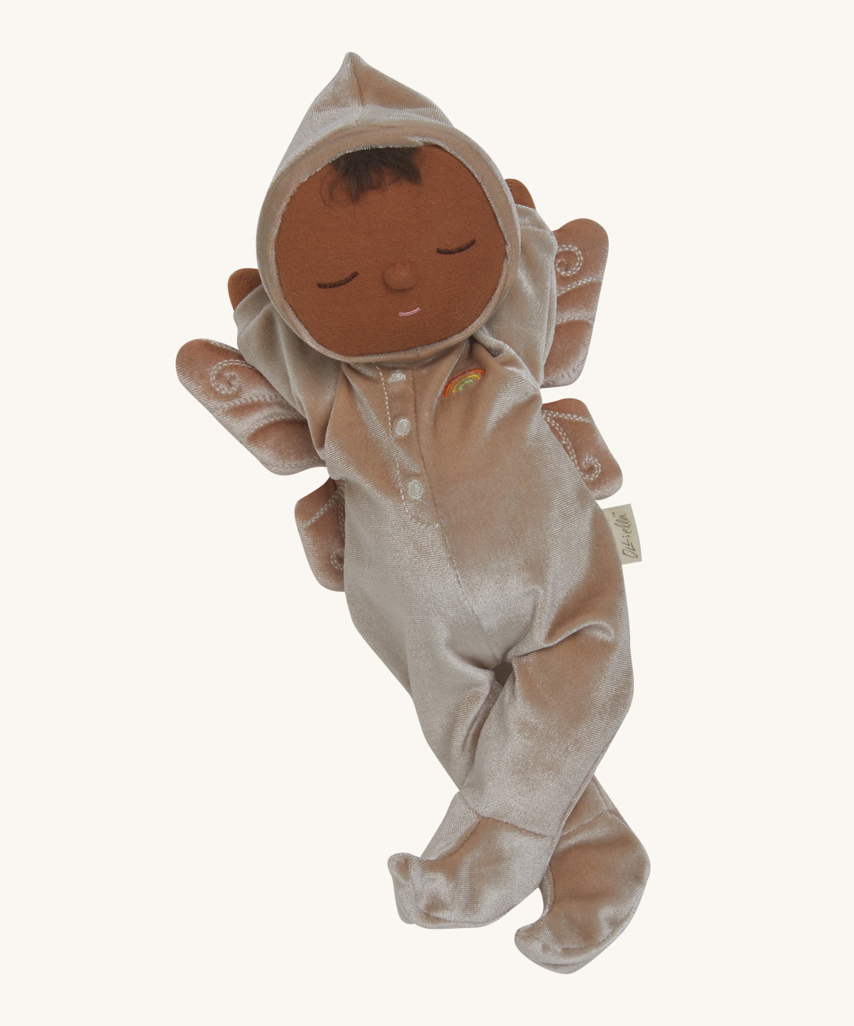 Olli Ella Ada fairy dozy dinkum doll posing and showing brown hooded outfit detail with the wings attached to the back