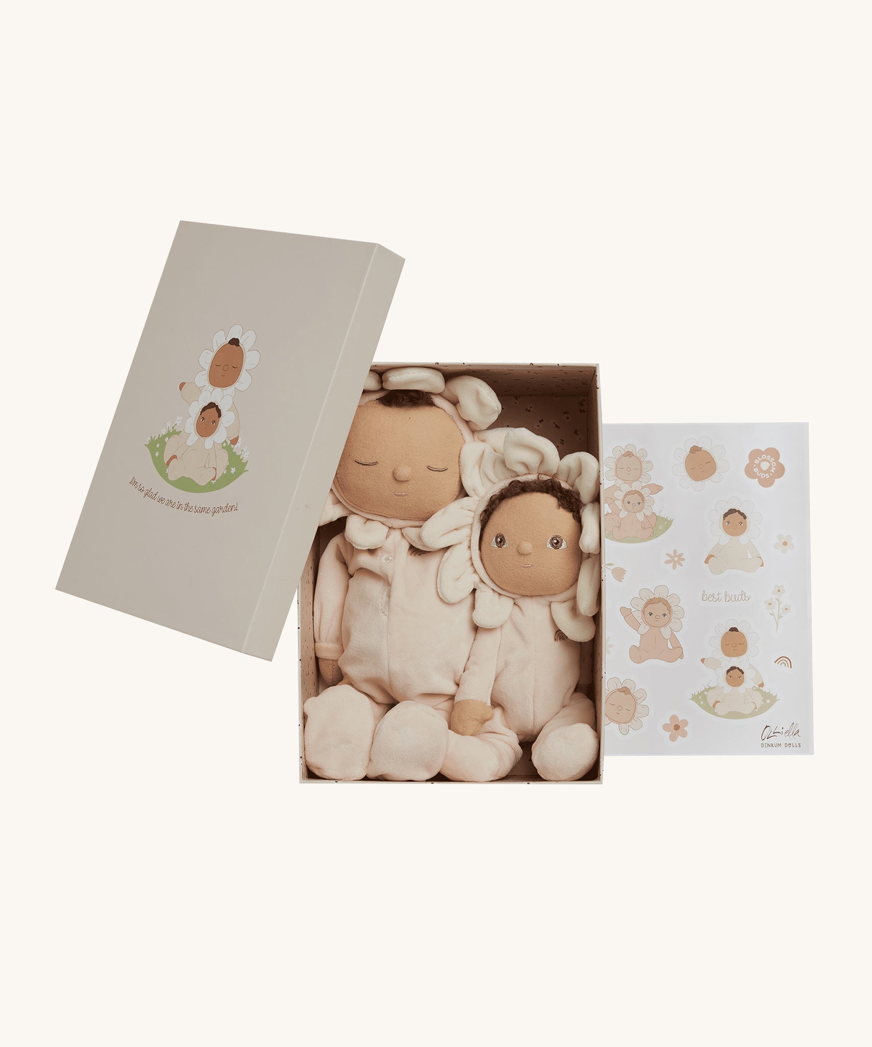 The Olli Ella Limited Edition Blossom Buds Gift Set - Gardenia, showing the Tootsie Gardenia & Dinky Dinkum Doll - Gracie Gardenia on a cream background