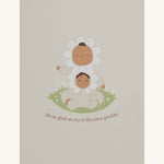 The packaging box for the Olli Ella Limited Edition Blossom Buds Gift Set - Gardenia, on a cream background. The front of the box has a drawing of the dolls and text which reads " I'm so glad we are in the same garden!"