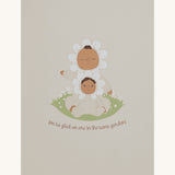 The packaging box for the Olli Ella Limited Edition Blossom Buds Gift Set - Gardenia, on a cream background. The front of the box has a drawing of the dolls and text which reads " I'm so glad we are in the same garden!"
