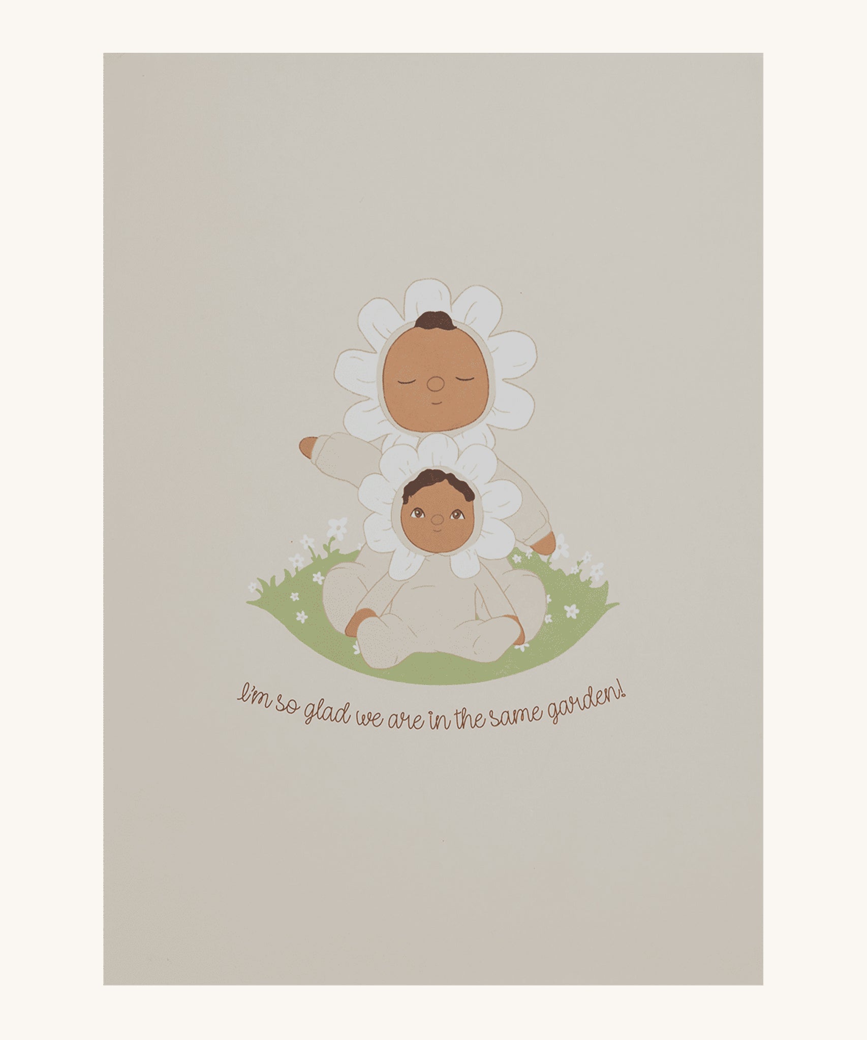 The packaging box for the Olli Ella Limited Edition Blossom Buds Gift Set - Gardenia, on a cream background. The front of the box has a drawing of the dolls and text which reads " I'm so glad we are in the same garden!"