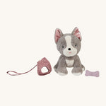 Olli Ella Dinkum Dog - Gizmo is stood up, and has their harness and bone either side of them