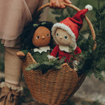 A child is carrying their Festive Jolly Dolly Dinkum Dolls, Paige Pudding and Sammie Santa, in a natural Ollie Ella Poinsettia Carry Basket. Inside the basket with the dolls are branches from a pine tree, to give a festive feel.